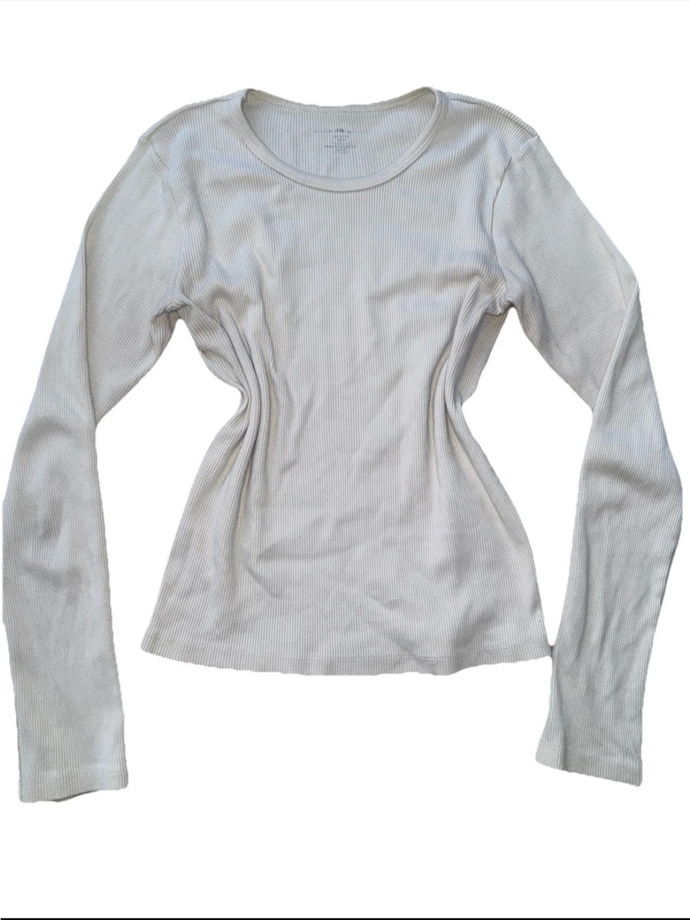Brandy Melville: White Solid Ribbed Knit Long Sleeve Round Neck, OS